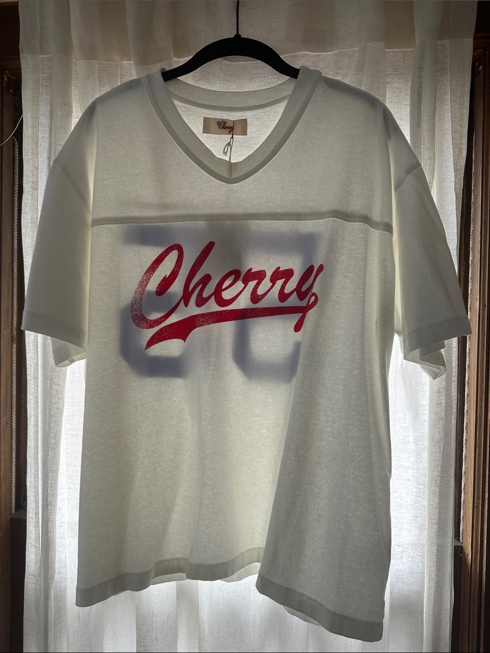 Cherry Graphic V-Neck Mens Tee - White with Red Print